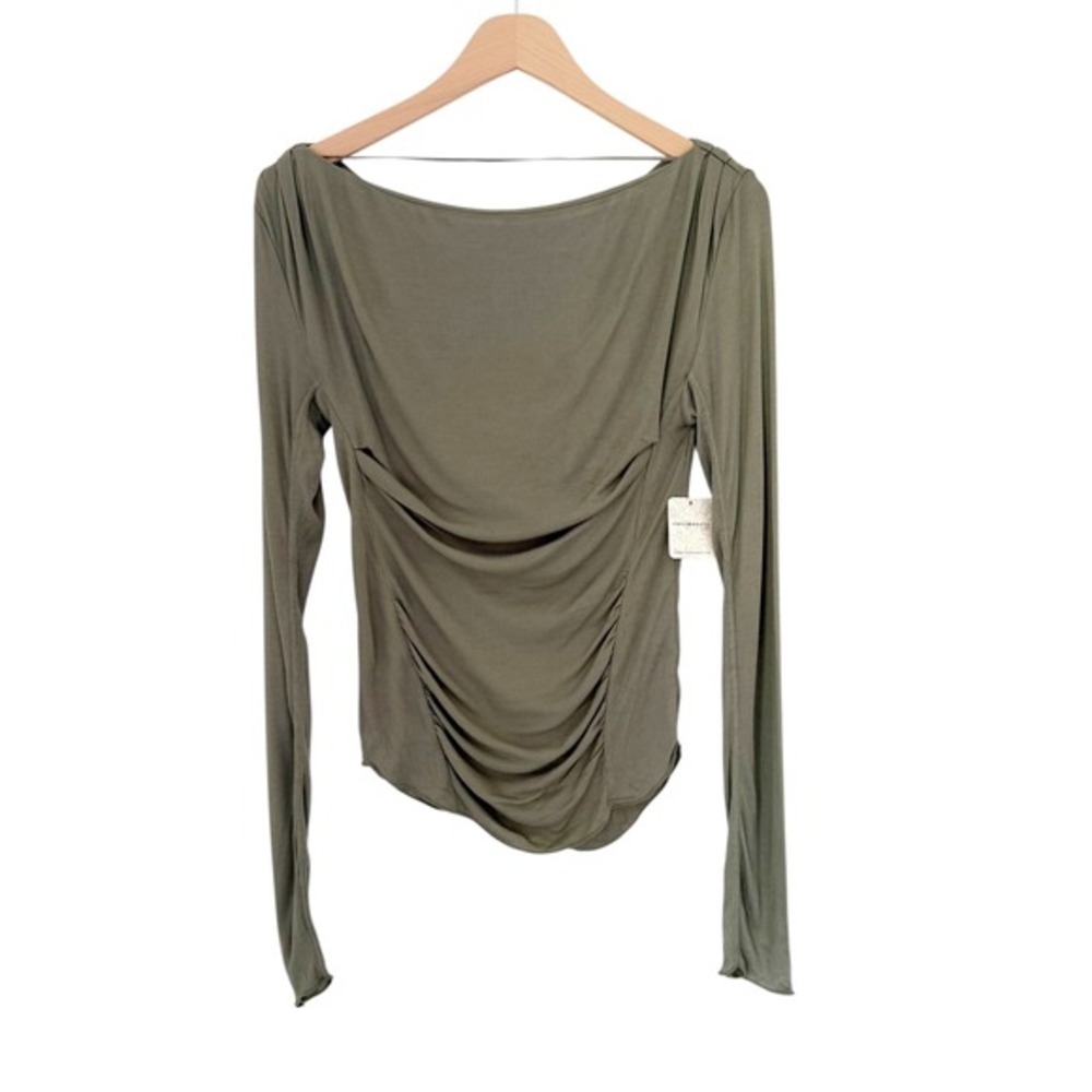 NWT Free People Night We Met Long Sleeve Top Ribbed Ruched Size XS Green - Picture 4 of 10